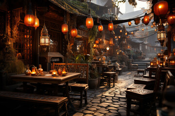 Fototapeta na wymiar the street area of the restaurant is lit by hanging lanterns with an oriental or Balkan flavor
