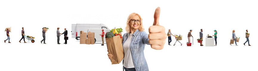 Happy woman with a grocery bag and farmers and customers in the back