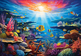 An underwater scene featuring vibrant coral reefs, exotic fish, and crystal-clear waters with colors that range from deep blues to vibrant teals and corals, creating a captivating aquatic world