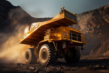 Large yellow mining vehicle in a coal open pit mine. Generative AI