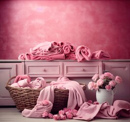 Wicker basket with pink laundry room towels on pink and white background with flowers - roses. Pink laundry items with copypaste and space for text