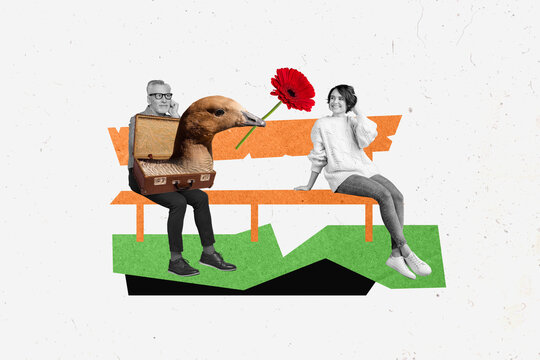 Collage 3d image of pinup pop retro sketch of old man young girl sitting bench date hold valise bird red flower gerbera duck spring summer
