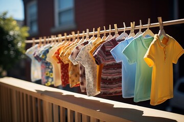 Baby clothes drying on washing line, generative ai