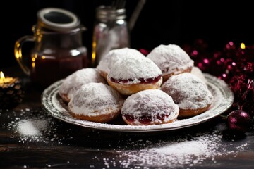 Fototapeta na wymiar fresh sufganiyot dusted with powdered sugar on a festive platter