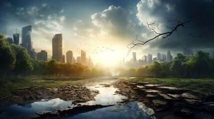 Sunny landscape nature background with city skyline for climate change