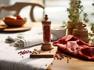 Foto auf Acrylglas Red chili pepper, peppercorns and pepper mill on the table with napkin light background © alla.naumenco