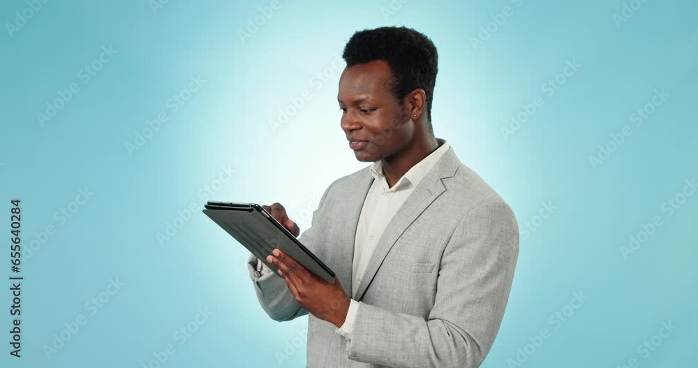 Poster business, man and scroll on tablet in studio for planning research, information and update software 