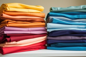 a variety of colorful scrubs neatly folded