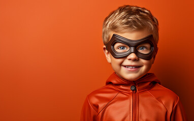Cute child Boy Dressed as a Superhero for Halloween, on red background with Space for Copy