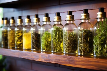 herb infused oils lined on a lighted shelf