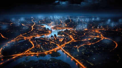 Aerial Night Cityscape. Bustling Urban Roads at Night - obrazy, fototapety, plakaty