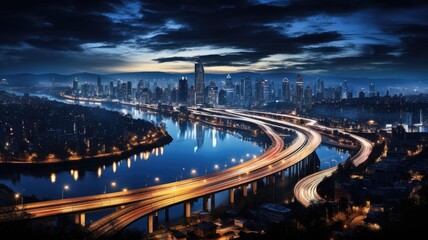 Fototapeta na wymiar Aerial Night Cityscape. Bustling Urban Roads at Night