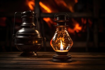 Fototapeta na wymiar burning oil lantern beside led lightbulb
