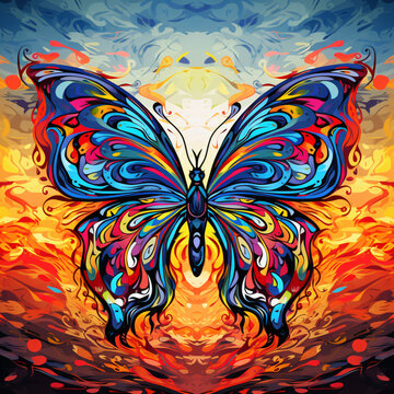 Artistic painting design of a butterfly with water coloured sunset background