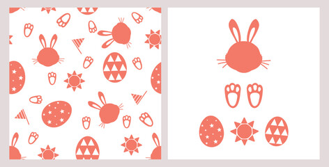 Seamless pattern with bunny rabbit cartoon, Easter egg, rabbit foot and flag on white background vector illustration. 