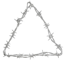 A 3d illustration of a triangular shape with rounded corners made from barbed wire.
