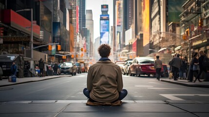 Man sitting with crossed legs on the ground in urban city environment, practicing mindfulness and meditation. He is deeply focused, calm and isolated from rush, embodying tranquility and inner peace.
