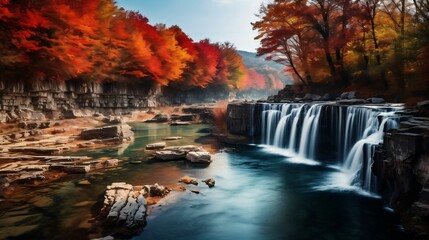 Thundering waterfall framed by vibrant autumn foliage
