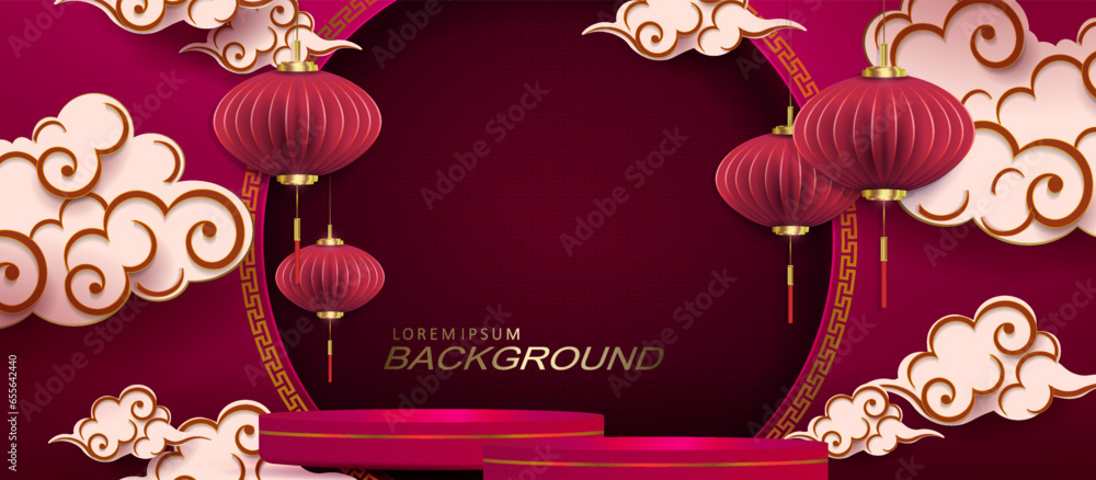 Canvas Prints illustration with round frame, clouds and sky lanterns in paper art style