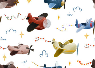 Baby print.Seamless pattern for kids.Airplane, clouds,stars.Aviation. Endless Pattern for boys. Hand-drawn seamless repeating children simple pattern with aircraft and clouds in Scandinavian style © Ilona