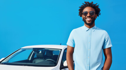 Happy man with a white car behind him, standing against a blue background, conveying the concept of a car loan.