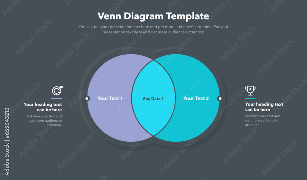 Poster Venn diagram template with two ways and place for your content - dark version. Slide for business presentation.