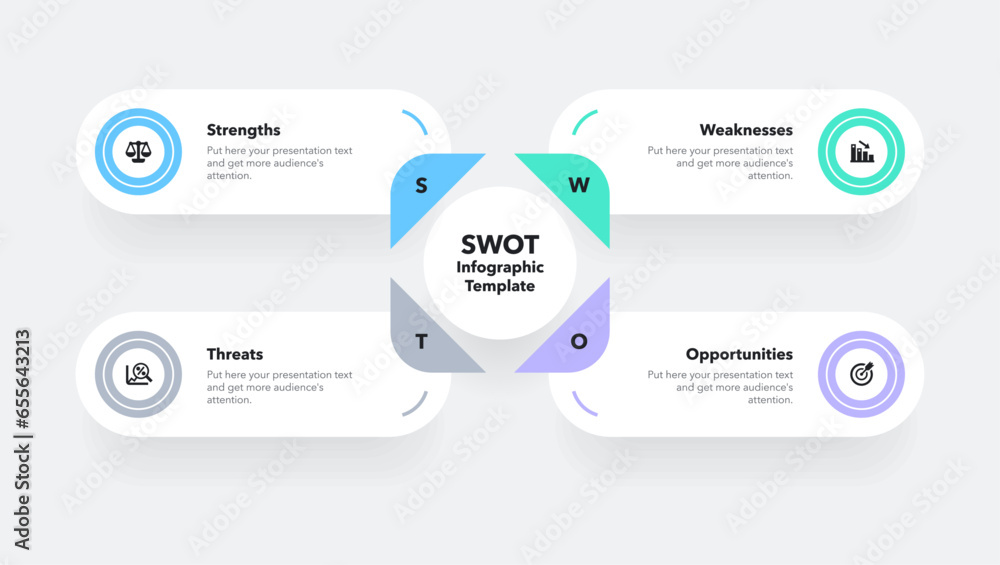Aufkleber Modern swot analysis concept with four options and place for your description. Simple flat template for project data visualization.	