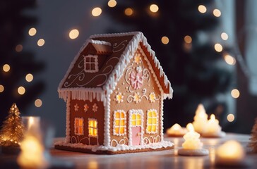 Gingerbread cozy home lights. Food sale. Generate Ai