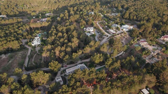 Aerial Panorama Of Casa Sukha Holiday Apartment And Nature Surroundings In Ibiza, Spain. Aerial Shot