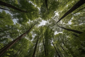 The majestic canopy of a dense forest, with sunlight streaming through the leaves