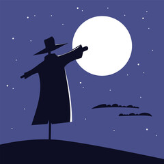A scarecrow stands on a field against the backdrop of the moon.