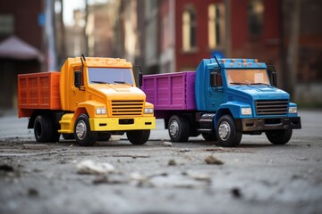 two toy trucks of different colors parked side by side