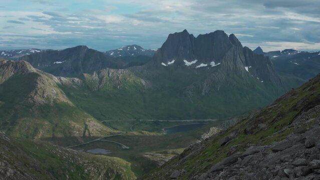 Stunning Views Of Grytetippen And Keipen Mountain Hikes On Senja Island, Norway. Aerial Shot