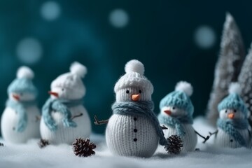 Obraz premium A festive group of snowmen wearing hats and scarves in a winter wonderland