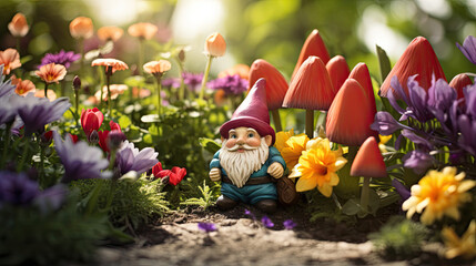 gnome in the garden with blooming flowers