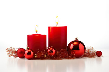 Obraz na płótnie Canvas Glowing Christmas candles in festive holiday tablescapes isolated on a white background 