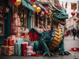 A beautiful green dragon sits near gifts on the street in Chinatown.