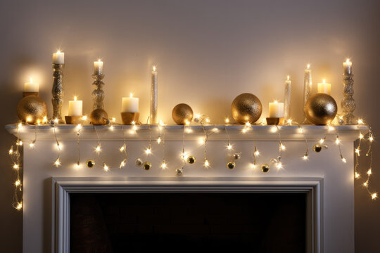 Christmas Fairy Lights Draped Over A Mantelpiece Isolated On A White Background 