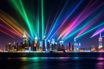 Fototapeta na wymiar Fireworks show over a big city. Celebrating the New Year