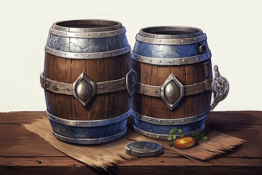 Illustration of a keg and two mugs. Generative AI