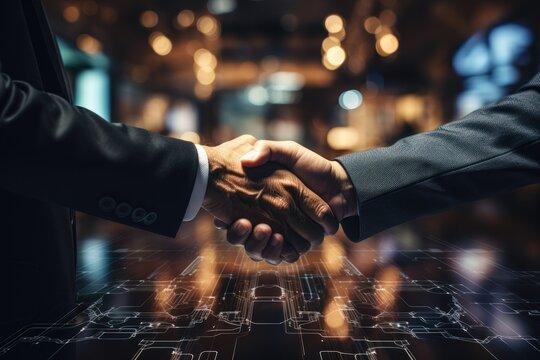 Business partnership meeting concept. Image businessmans handshake. Successful businessmen handshaking after good deal. Generative AI