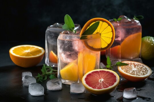 Refreshing drink with frozen cubes and citrus fruit. Generative AI