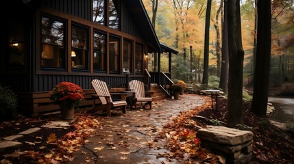 Fall leaves and cozy cabin evoke autumn nostalgia
