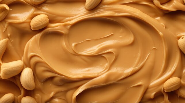 Close up of tasty creamy peanut butter with peanut nuts. Food background with free place for text