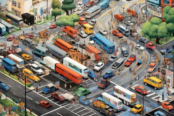 bird's-eye view of road congestion with cars and vehicles. Generative AI