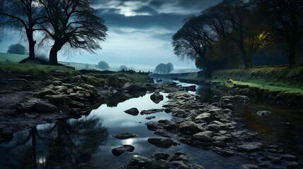 Landscape basks in tranquil, silvery moonlit glow
