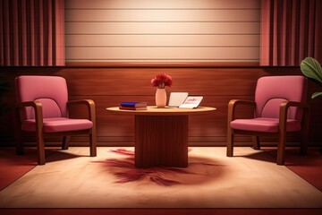 a cozy mediation room with two chairs and divorce papers on coffee table