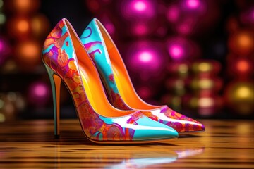 a pair of stiletto shoes in vivid color - obrazy, fototapety, plakaty