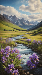 beautiful iris flowers in the mountain meadow behind them snowy peaks