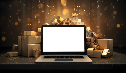 online shopping mockup laptop with festive gifts and presents